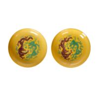 A Pair of Chinese Qing Dynasty Yellow Glazed Tri-colour 'Twin Dragon' Saucers (Da Qing Kangxi Nian Zhi Mark)