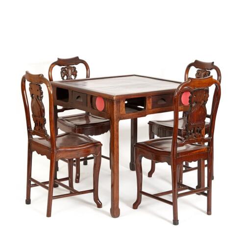 A Chinese Rosewood Mahjang Table and Four Chairs