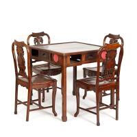 A Chinese Rosewood Mahjang Table and Four Chairs