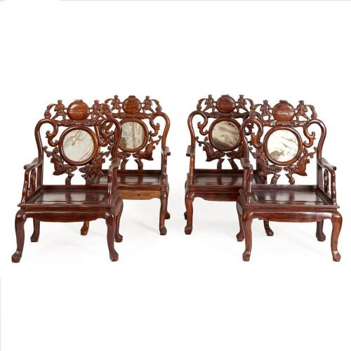 Four Chinese Rosewood Armchairs with marble back