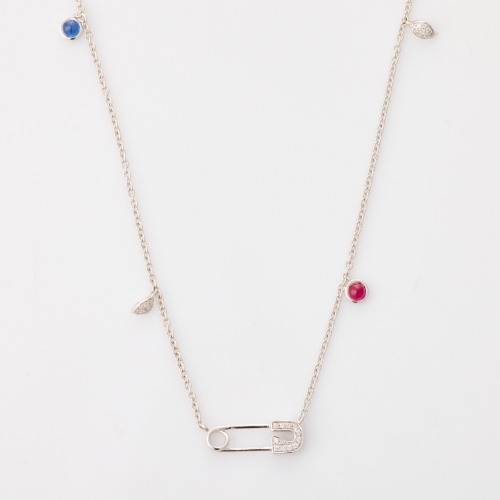 18ct White Gold, 51cm Multi-Gemstone Fine Cable Link Necklace - Near new