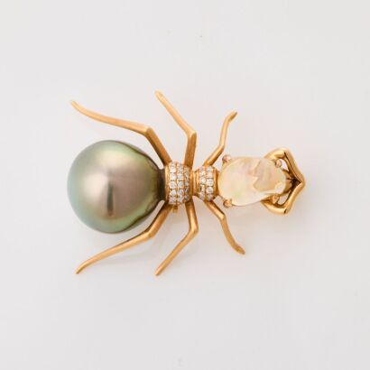18ct Rose Gold, Modern, .11ct Diamond / Tahitian Pearl / Opal Ant Brooch