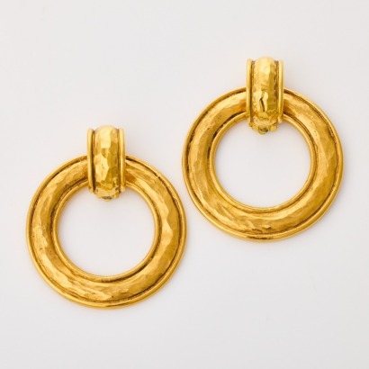 Chanel, Vintage, Hammered Gold-Tone Hoop Clip On Earrings, circa 1980's