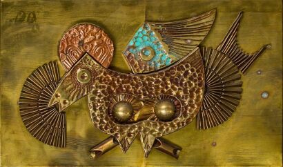 A Mid-Century Copper and Wood Artwork