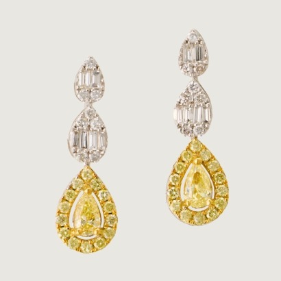 18ct White / Yellow Gold, .78ct Pear Shaped Diamond Cluster Drop Earrings - Near new