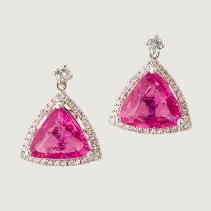 18ct White Gold, Modern, 5.16ct Pink Tourmaline / .47ct Diamond Drop Earrings - Near new