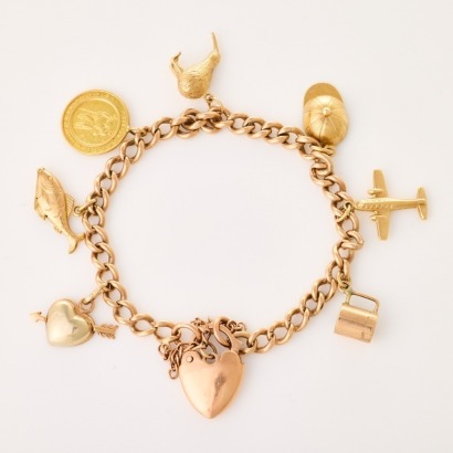 9ct Rose Gold, Curb Link Charm Bracelet with 9ct / 14ct / 18ct Charms