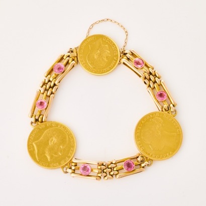 12-14ct Yellow Gold Gate Bracelet, with Two Sovereign / One Half Sovereign Coins