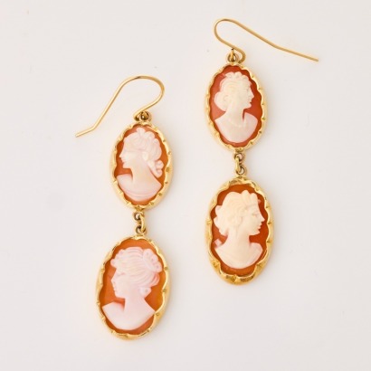9ct Yellow Gold, Shell Cameo Drop Earrings with Shepherd Hook Fittings