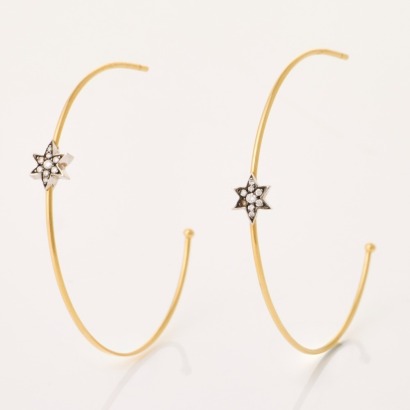 Carats, NZ Made, 18ct Yellow / White Gold, Diamond Star Gold Hoop Earrings