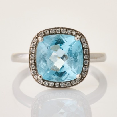 9ct White Gold, 9.0mm Cushion Cut Topaz / .15ct Diamond Halo Ring