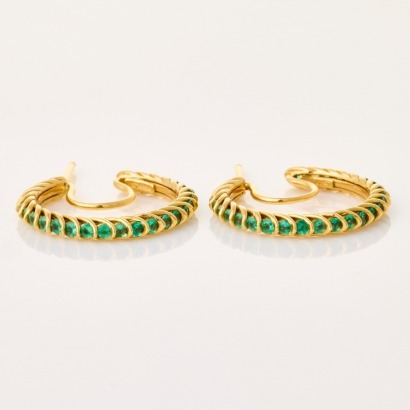 18ct Yellow Gold, Full Circle Set, Green Coloured Stone Hoop Earrings