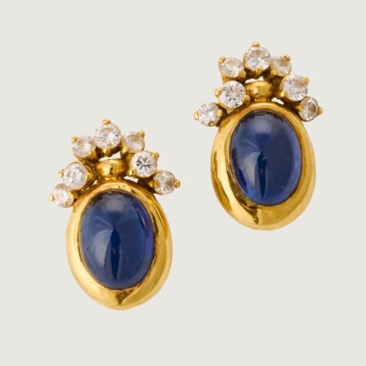 18ct Yellow Gold, Oval Cabochon Cut Sapphire / .60ct Diamond Stud Earrings