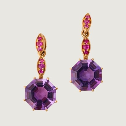 18ct Rose Gold, 1.78ct Octagonal Amethyst / .065ct Ruby Fancy Drop Earrings