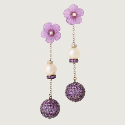 18ct White Gold, Carved Amethyst Flower, Pearl / Diamond / Amethyst Ball Drop Earrings