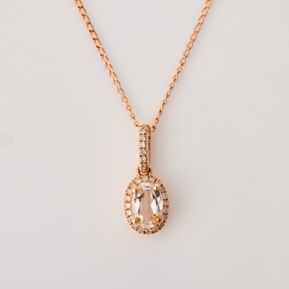 9ct Rose Gold, Oval Morganite / .12ct Diamond Pendant on 45cm Rose Gold Curb Chain