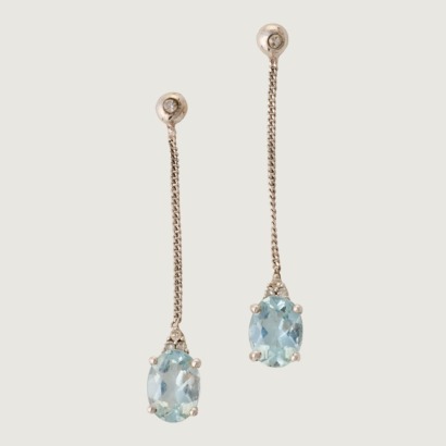 9ct White Gold, Oval Aquamarine / .08ct Diamond Drop Earrings