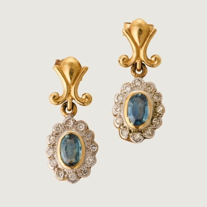 9ct Yellow Gold, Oval Aquamarine / .18ct Diamond Dangle Earrings