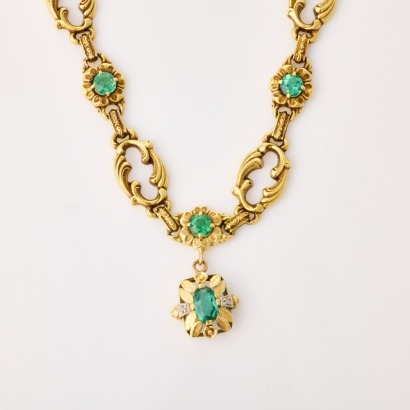 14ct Yellow Gold, Vintage, 61cm Fancy Hollow Link, Blue - Green Tourmaline Necklace