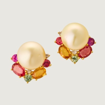 14ct Yellow Gold, Pearl, natural multi-coloured gemstones / .12ct Diamond Stud Earrings