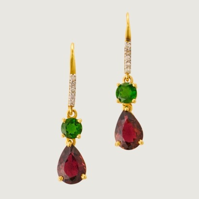 14ct Yellow Gold, Modern, .15ct Diamond / Tourmaline / Chrome Diopside Drop Earrings