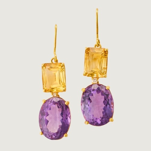 14ct Yellow Gold, Modern, Large, .03ct Diamond / Amethyst / Citrine Drop Earrings