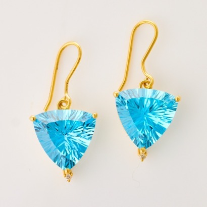 14ct Yellow Gold, Modern, .02ct Diamond / Fancy Cut Blue Topaz Drop Earrings