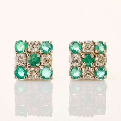 14ct White Gold, .25ct Diamond / Emerald Square Cluster Stud Earrings