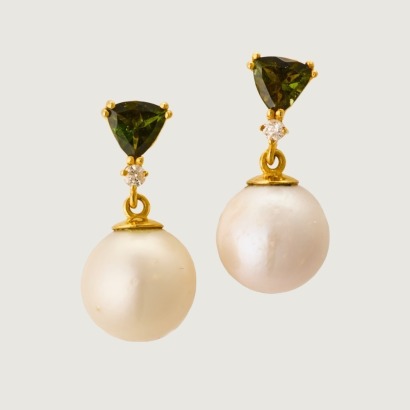 14ct Yellow Gold, Modern, Pearl / Tourmaline / .02ct Diamond Drop Earrings