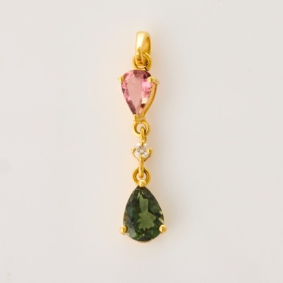 14ct Yellow Gold, Modern, .01ct Diamond / Tourmaline Pendant