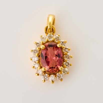 14ct Yellow Gold, Oval Mixed Cut Pink Tourmaline / .16ct Diamond Pendant