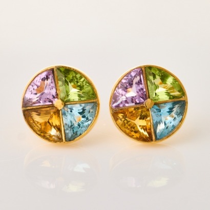 14ct White Gold, Round Amethyst / Blue Topaz / Citrine Stud Earrings