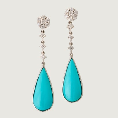 18ct White Gold, Modern, 7.45ct Turquoise / .64ct Diamond Drop Earrings