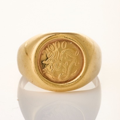 9ct Yellow Gold, Signet Style, Dragon Coin Pinkie Ring