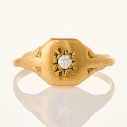 9ct Yellow Gold, Signet Style, .02ct Diamond Pinkie Ring