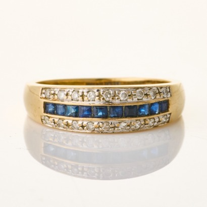 9ct Yellow Gold, .10ct Diamond / Square Cut Sapphire Dress Ring