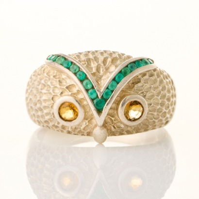 Karen Walker, Sterling Silver, Domed Owl Cocktail Ring