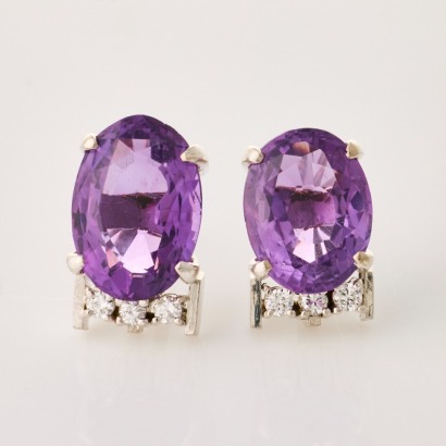 9ct White Gold, Amethyst / .10ct Diamond Stud Earrings with 14ct White Gold Butterflies
