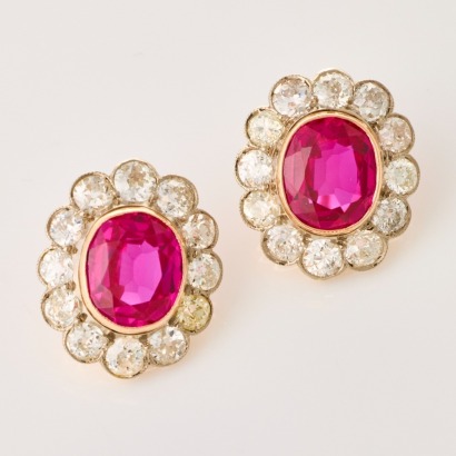 18ct Yellow Gold / Platinum / 14ct Rose Gold, Antique, Synthetic Ruby / 2.7ct Diamond Cluster Earrings