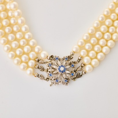 Multi-Strand Pearl Necklace, with 9ct / 18ct White Gold, .53ct Sapphire / .04ct Diamond Clasp