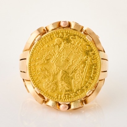 Handmade 1915 Austrian Ducat Coin / 14ct Yellow Gold Ring