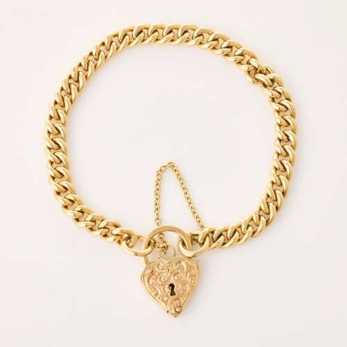 9ct Yellow Gold, 18cm, Curb Link Bracelet with Heart Shaped Padlock Clasp