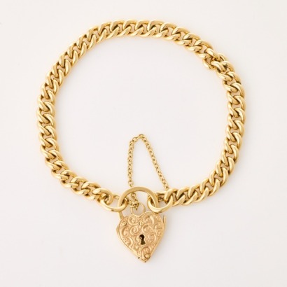 9ct Yellow Gold, 18cm, Curb Link Bracelet with Heart Shaped Padlock Clasp