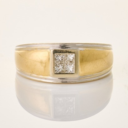 14ct Yellow Gold, Wide, Princess Cut .12ct Diamond Cluster Ring