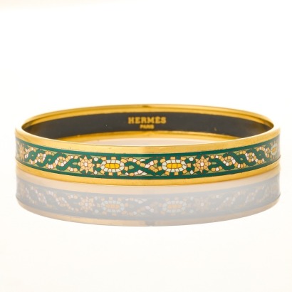 Herm&egrave;s Slim Green / Gold Patterned Enamel Bangle