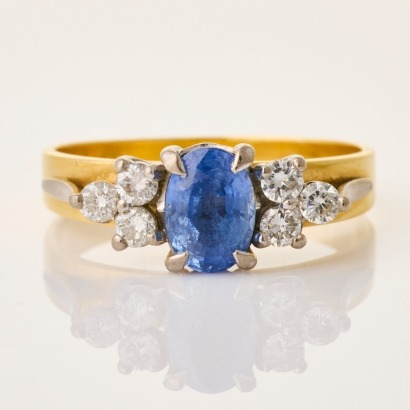 18ct Yellow Gold, 5.7mm Ceylon Type Sapphire / .30cts Tdw Diamond Ring