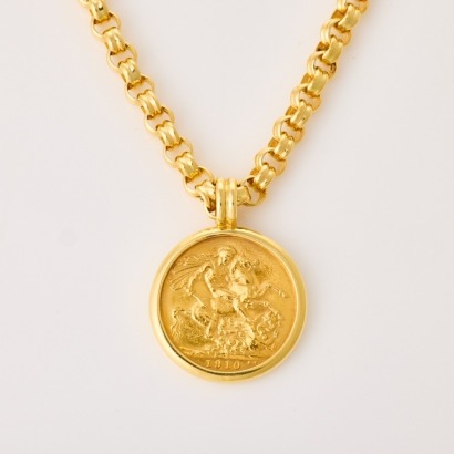 18ct Yellow Gold, 48cm Patterned Belcher Link Chain with 1910 Sovereign Coin Pendant