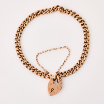 9ct Rose Gold, Antique, 19cm Curb Link Bracelet with Heart Padlock