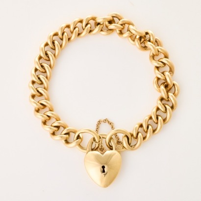 9ct Yellow Gold, 20cm Solid Curb Bracelet with Puff Heart Clasp