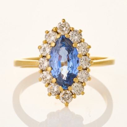 18ct Yellow Gold / White Gold, 1.52ct Marquise Sapphire / .72ct Diamond Halo Ring